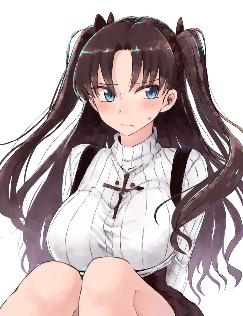 adapted_costume arms_behind_back bangs black_hair black_skirt blue_eyes breasts closed_mouth cross eyebrows_visible_through_hair eyelashes fate/stay_night fate_(series) frown hair_ribbon highres knees_up large_breasts long_hair long_sleeves looking_at_viewer looking_away looking_to_the_side parted_bangs pout ribbed_sweater ribbon rucchiifu sideways_glance simple_background sitting skirt solo suspender_skirt suspenders sweatdrop sweater toosaka_rin two_side_up white_background white_sweater
