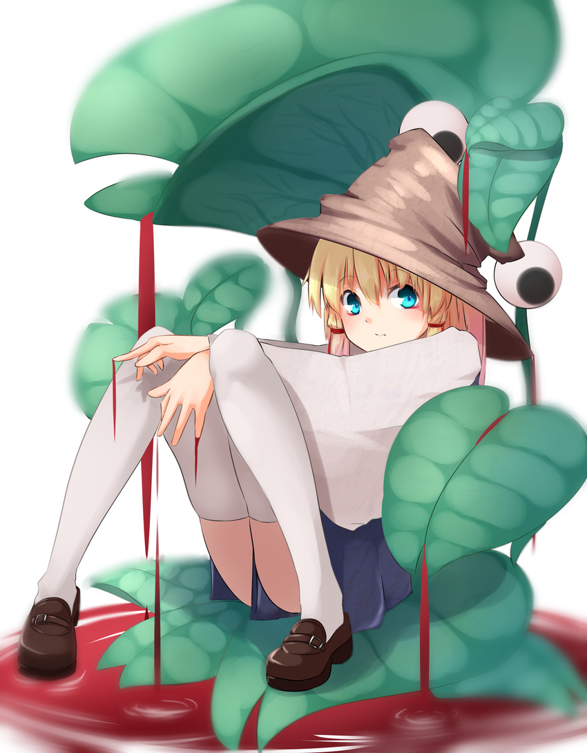 absurdres blonde_hair blood blood_drip blood_river blue_eyes blue_skirt brown_footwear full_body hair_ribbon hat highres leaf loafers long_sleeves looking_at_viewer moriya_suwako pool_of_blood red_ribbon ribbon shoes sidelocks simple_background sitting skirt solo thighhighs touhou tress_ribbon white_background white_legwear wide_sleeves yusake_san