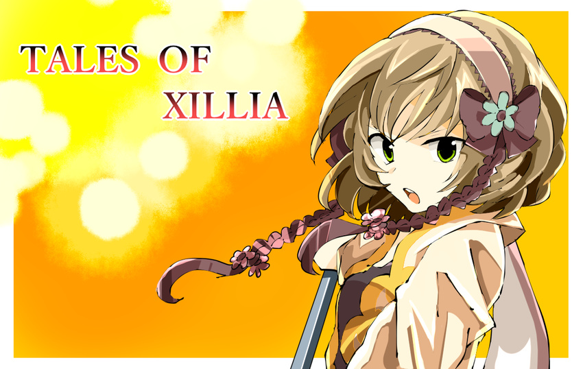 breasts brown_hair copyright_name green_eyes hairband jacket leia_rolando open_mouth ribbon short_hair tales_of_(series) tales_of_xillia yellow_background