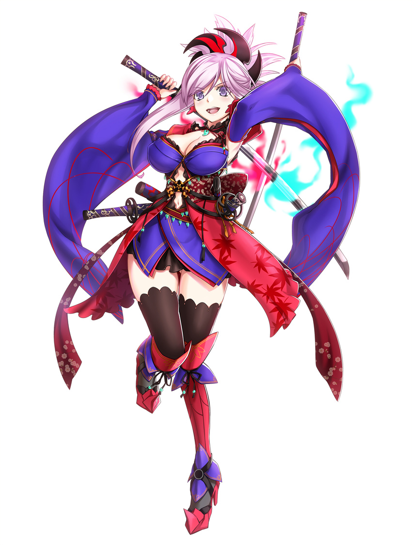 :d armpits arms_up ass_visible_through_thighs belt black_legwear black_skirt boots breasts cleavage covered_nipples detached_sleeves dual_wielding eyebrows_visible_through_hair fate/grand_order fate_(series) floral_print full_body hair_ornament hat high_heels highres holding holding_sword holding_weapon japanese_clothes katana kimono knee_up kurobuchi_numama large_breasts lavender_hair leaf_print long_hair looking_at_viewer miyamoto_musashi_(fate/grand_order) navel open_mouth ponytail purple_eyes purple_hair revision sheath sheathed simple_background skirt smile solo sword teeth thighhighs unsheathed v-shaped_eyebrows weapon white_background wide_sleeves