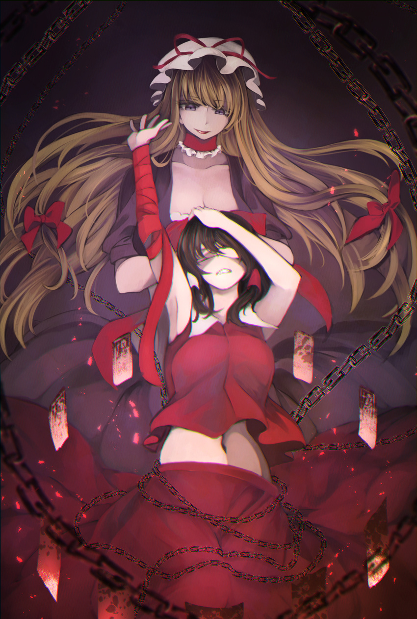 arm_up armpits bandaged_arm bandages bangs behind_another blonde_hair blurry bow breasts brown_hair chain cleavage clenched_teeth commentary_request corset covering_eyes cowboy_shot depth_of_field floating floating_hair hair_bow hair_ribbon hair_tubes hakurei_reimu hand_on_another's_head hand_on_own_head hat hat_ribbon height_difference highres hips large_breasts lips lipstick long_hair looking_at_another looking_down makeup medium_breasts midriff mob_cap multiple_girls navel purple_background purple_eyes reaching red_lipstick red_shirt red_skirt ribbon shiny shiny_hair shirt short_hair short_sleeves simple_background skirt skirt_lift stomach talisman teeth touhou very_long_hair yakumo_yukari yurinotubomi