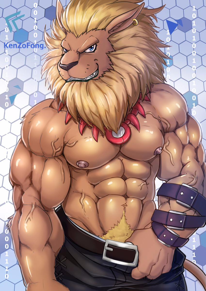 abs anthro belt biceps black_lips blonde_hair blue_eyes clothed clothing digimon ear_piercing feline grin hair jewelry kenzo. leather_strap leomon lion looking_at_viewer male mammal mane muscular naughty_face navel necklace nipples pants_pull pecs piercing pinup pose pubes sharp_teeth signature smile solo teasing teeth topless vein veiny_muscles