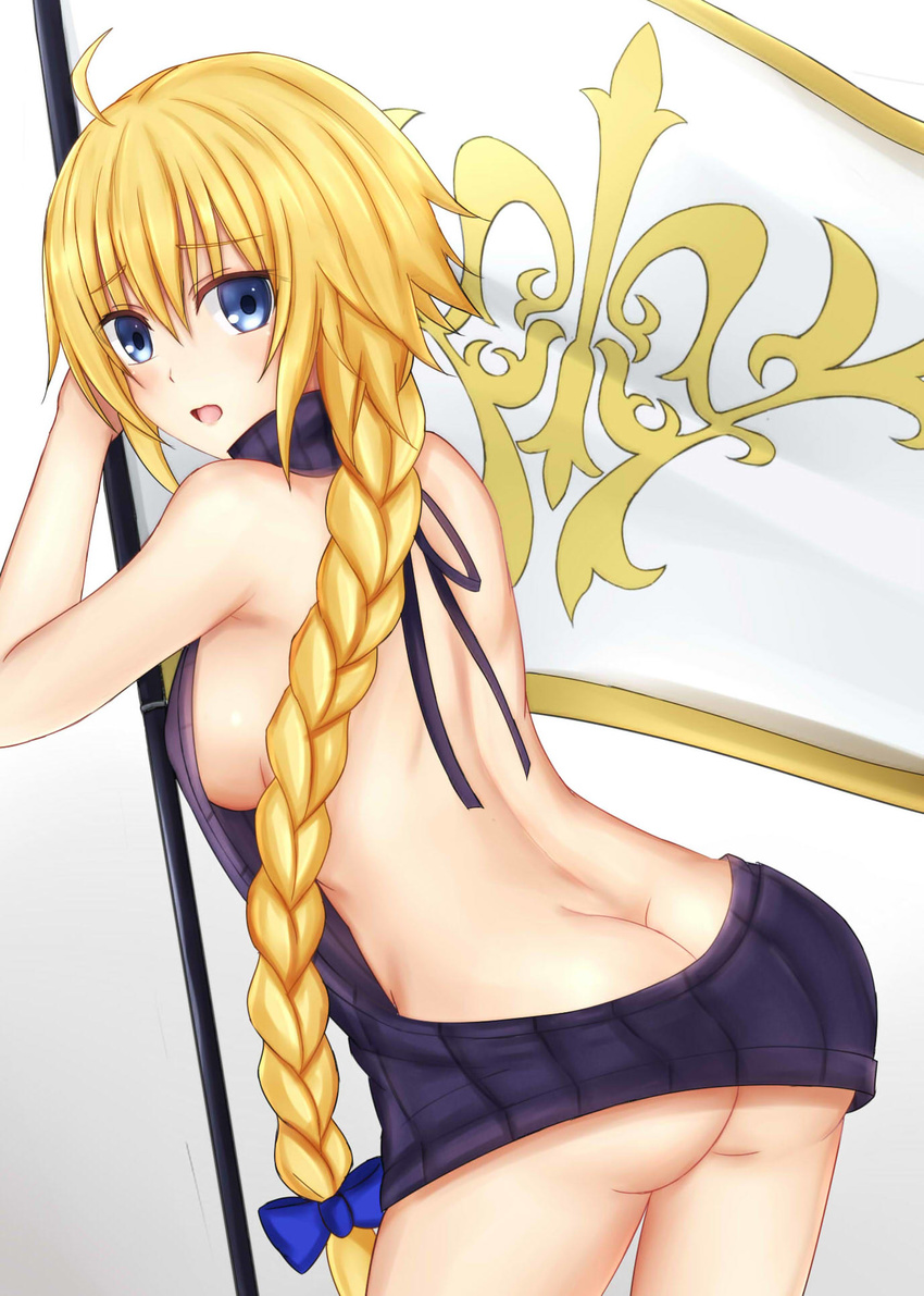 ahoge ass backless_dress backless_outfit bangs bare_back bare_shoulders blonde_hair blue_eyes blue_ribbon blue_sweater blush braid breasts butt_crack cowboy_shot dimples_of_venus drawstring dress eyebrows_visible_through_hair fate/apocrypha fate_(series) flag from_behind hair_between_eyes hair_ribbon halterneck highres holding holding_flag jeanne_d'arc_(fate) jeanne_d'arc_(fate)_(all) large_breasts long_hair looking_at_viewer looking_back meme_attire naked_sweater open_mouth ribbed_sweater ribbon sideboob single_braid solo sweater sweater_dress tress_ribbon turtleneck turtleneck_sweater virgin_killer_sweater youque