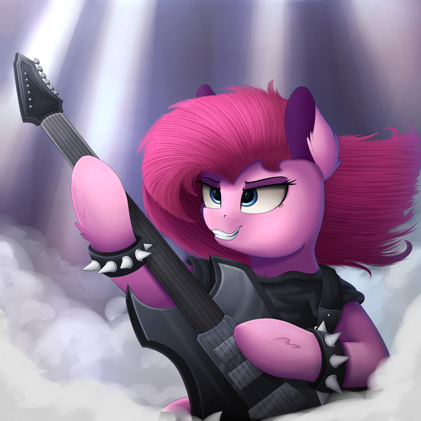 2016 blue_eyes bracelet clothing equine female feral friendship_is_magic fur guitar hair hi_res instrument jewelry mammal musical_instrument my_little_pony pink_fur pink_hair pinkie_pie_(mlp) solo teeth vanillaghosties