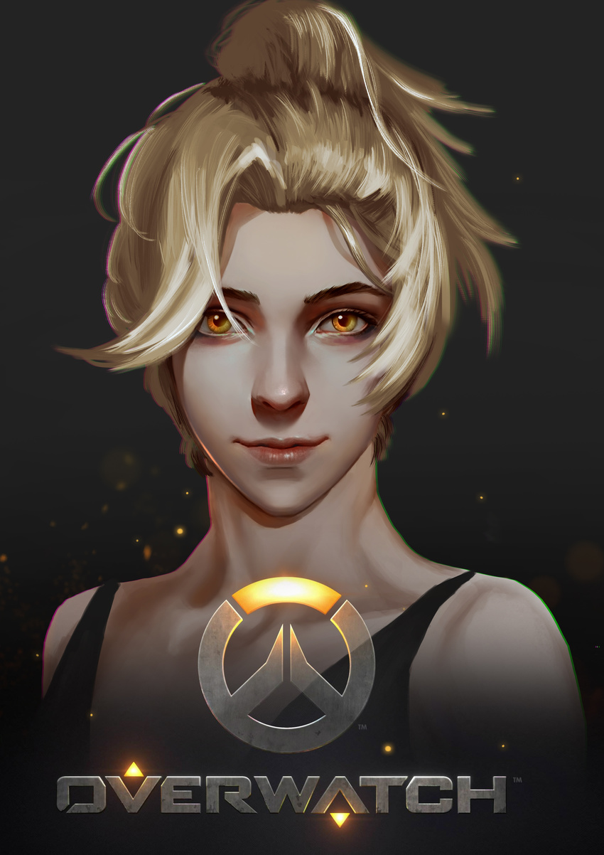 absurdres alternate_eye_color bare_shoulders blonde_hair closed_mouth collarbone copyright_name emblem eyelashes eyeliner eyeshadow high_ponytail highres logo looking_at_viewer makeup mascara mercy_(overwatch) nose overwatch pink_lips ponytail portrait short_ponytail sleeveless smile solo tank_top upper_body xiaoxiaoxiaomo yellow_eyes