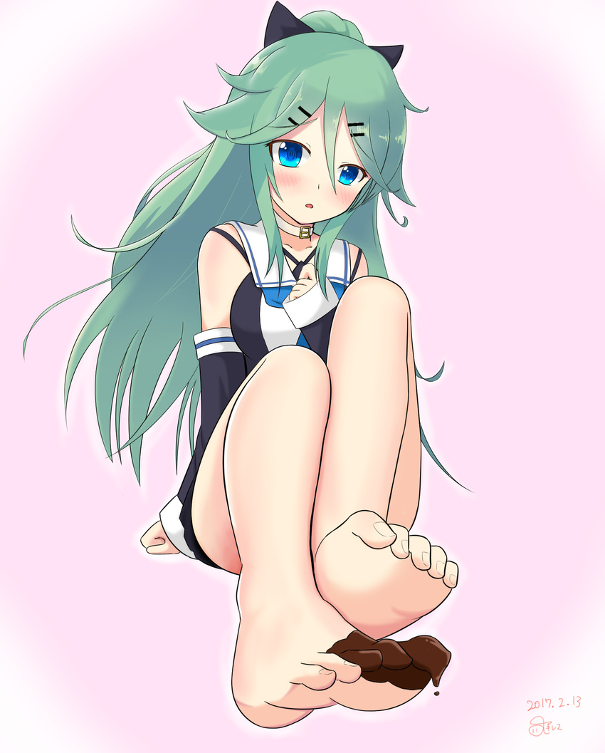 :o achilles bad_feet bare_legs bare_shoulders barefoot black_bow black_skirt blue_eyes blue_neckwear blush bow breasts buckle chocolate_on_foot choker collarbone dated detached_sleeves dripping full_body green_hair hair_between_eyes hair_bow hair_ornament hairclip hand_on_own_chest head_tilt highres kantai_collection long_hair long_sleeves looking_at_viewer medium_breasts neckerchief no_legwear open_mouth pink_background ponytail sidelocks signature simple_background sitting skirt sleeveless soles solo toenails toes valentine very_long_hair yamakaze_(kantai_collection)
