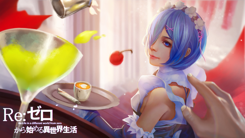 absurdres apron bangs blue_eyes blue_hair breasts cherry copyright_name cup curtains detached_sleeves drinking_glass eyelashes eyeliner fingernails food frilled_sleeves frills from_behind fruit hair_ornament hair_over_one_eye hair_ribbon hands highres holding holding_tray indoors lipstick long_sleeves looking_at_viewer looking_back maid maid_headdress makeup nose out_of_frame pink_lips pink_lipstick pink_ribbon pov pov_hands re:zero_kara_hajimeru_isekai_seikatsu rem_(re:zero) ribbon small_breasts smile solo_focus teacup tray upper_body waist_apron wide_sleeves x_hair_ornament xiaoxiaoxiaomo