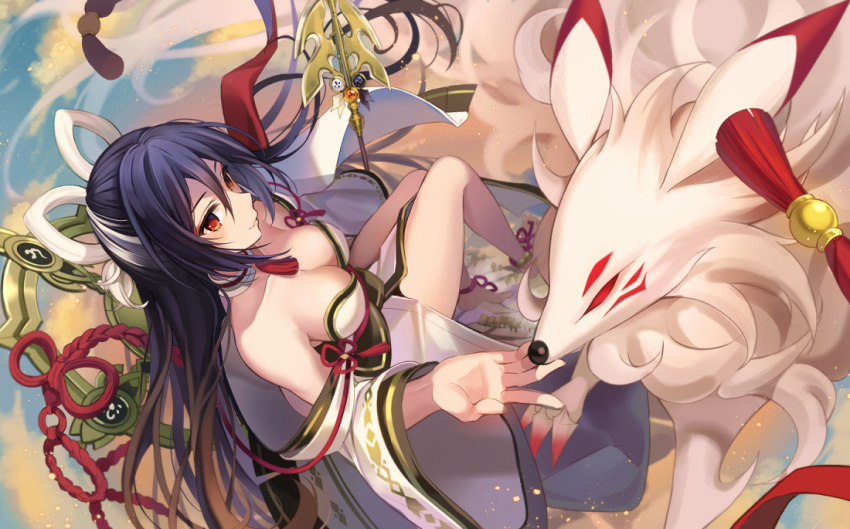 1girl ara_han bangs barefoot black_hair breasts cleavage closed_mouth elsword eun_(elsword) fox from_above hair_between_eyes hair_ribbon hand_up heterochromia holding holding_spear holding_weapon japanese_clothes kimono kyuubi large_breasts long_hair long_sleeves multicolored_hair multiple_tails off_shoulder orange_eyes pelvic_curtain pinb polearm red_eyes red_ribbon ribbon rope shimenawa shiva_(elsword) side_slit smile spear tail two-tone_hair very_long_hair weapon white_hair white_kimono white_ribbon wide_sleeves