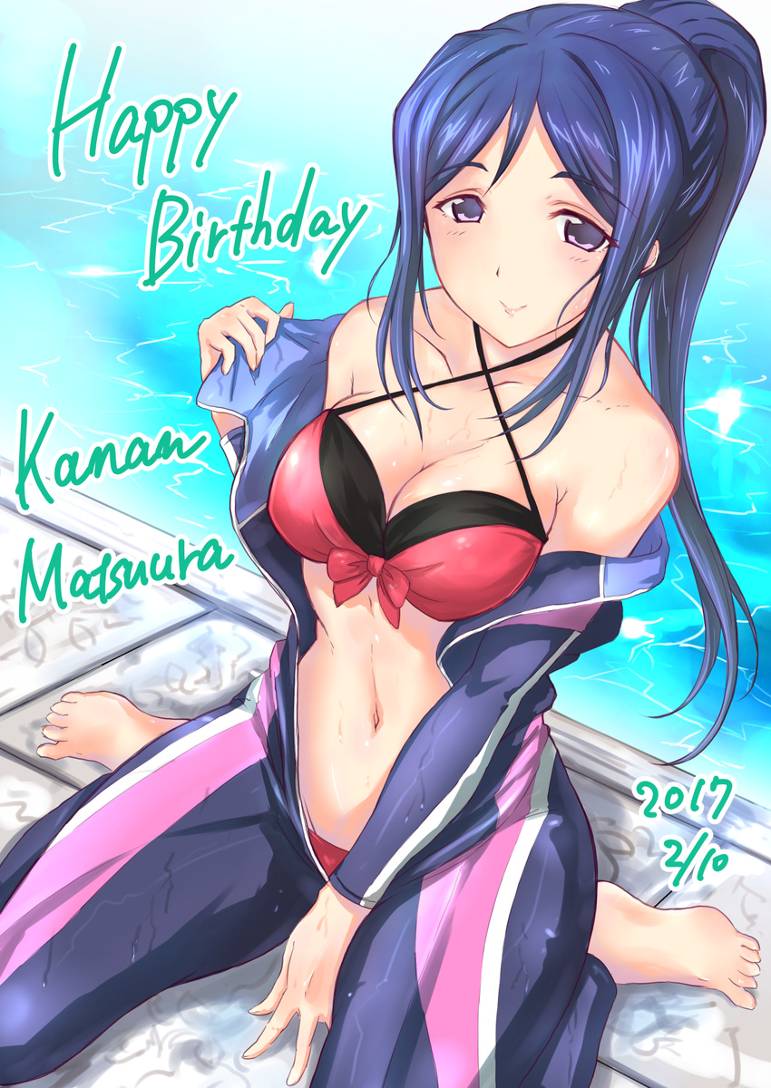 ahharahhar bad_id bad_pixiv_id bikini bikini_under_clothes blue_hair character_name closed_mouth dated happy_birthday highres long_hair looking_at_viewer love_live! love_live!_sunshine!! matsuura_kanan ponytail purple_eyes red_bikini solo swimsuit swimsuit_under_clothes wetsuit