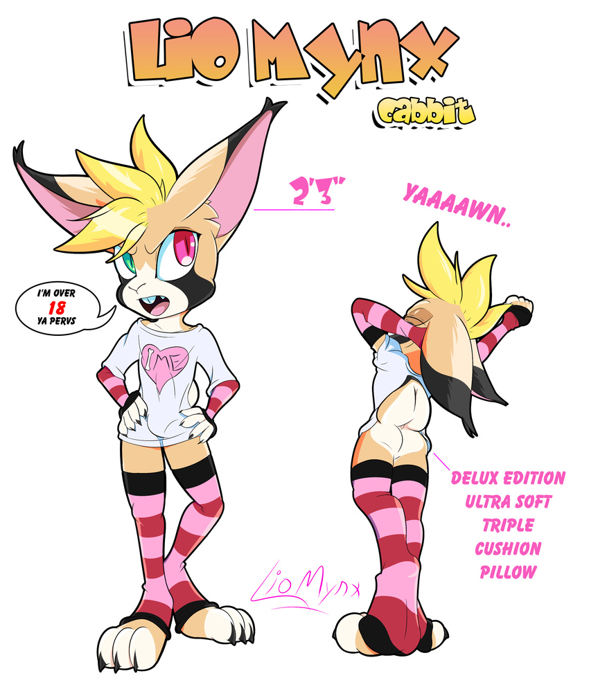 arm_warmers blonde_hair bottomless butt cabbit cat cheetah claws clothed clothing feline hair heterochromia hybrid lagomorph legwear lio_mynx liomynx mammal rabbit shirt short socks teeth text