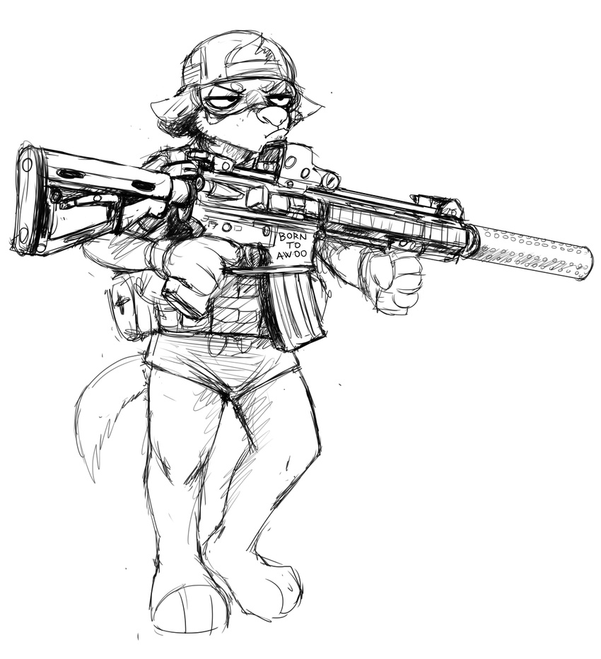 anthro barefoot black_and_white canine english_text eyewear frown goggles gun hat hladilnik male mammal military monochrome ranged_weapon rifle short solo spiritcookie text weapon wolf