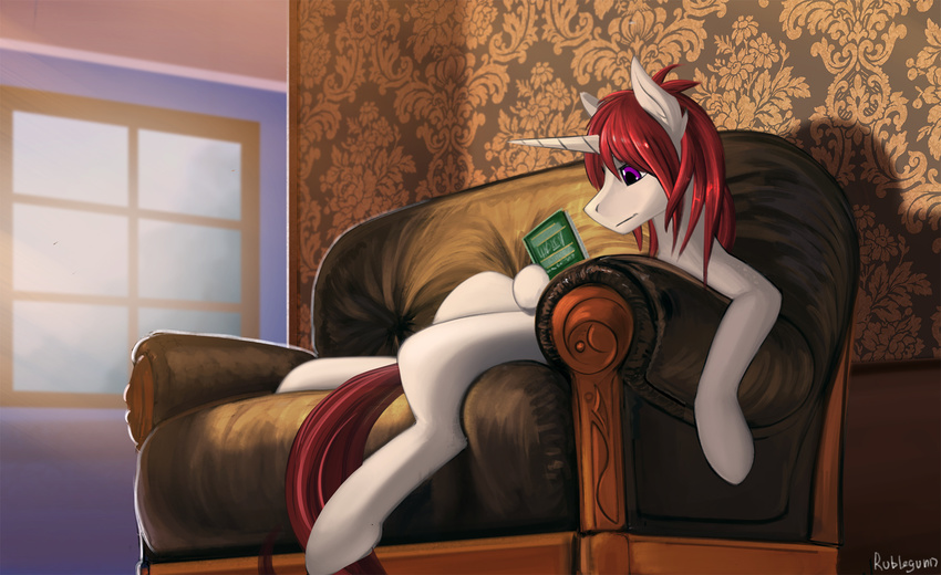 equine fan_character feral fur hair hooves horn mammal my_little_pony nude purple_eyes reading red_hair rublegun solo unicorn white_fur window