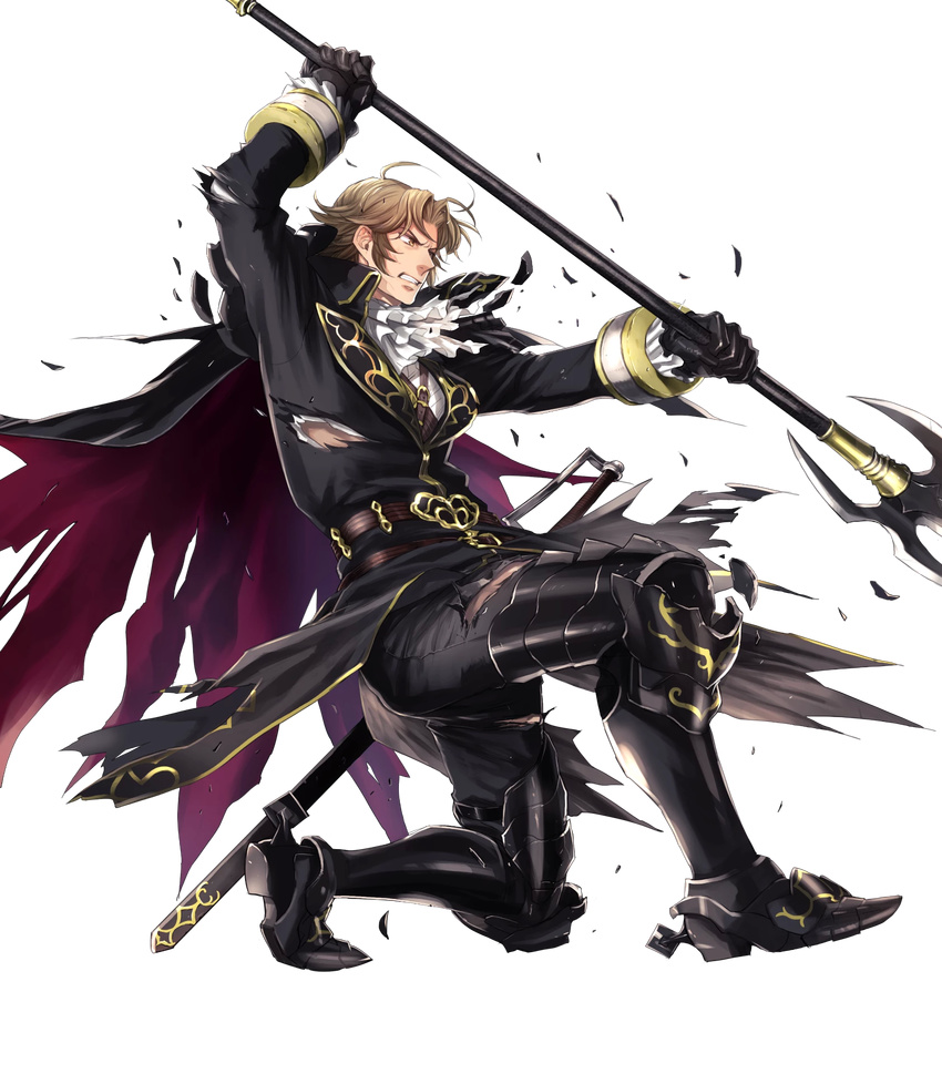 armor armored_boots blonde_hair boots camus cape fire_emblem fire_emblem:_monshou_no_nazo fire_emblem_heroes full_body gloves highres injury male_focus official_art polearm solo spear suekane_kumiko teeth transparent_background weapon yellow_eyes