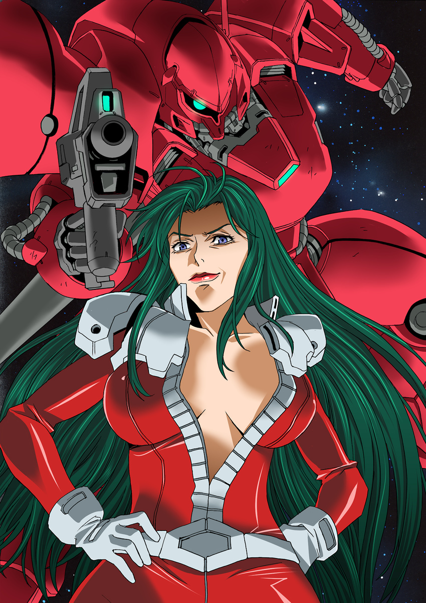 beam_rifle belt blue_eyes breasts breasts_apart center_opening cima_garahau energy_gun gerbera_tetra gloves glowing glowing_eye green_hair gundam gundam_0083 hands_on_hips highres large_breasts lipstick long_hair looking_at_viewer makeup pilot_suit platin_(alios) smirk space unzipped very_long_hair weapon white_gloves