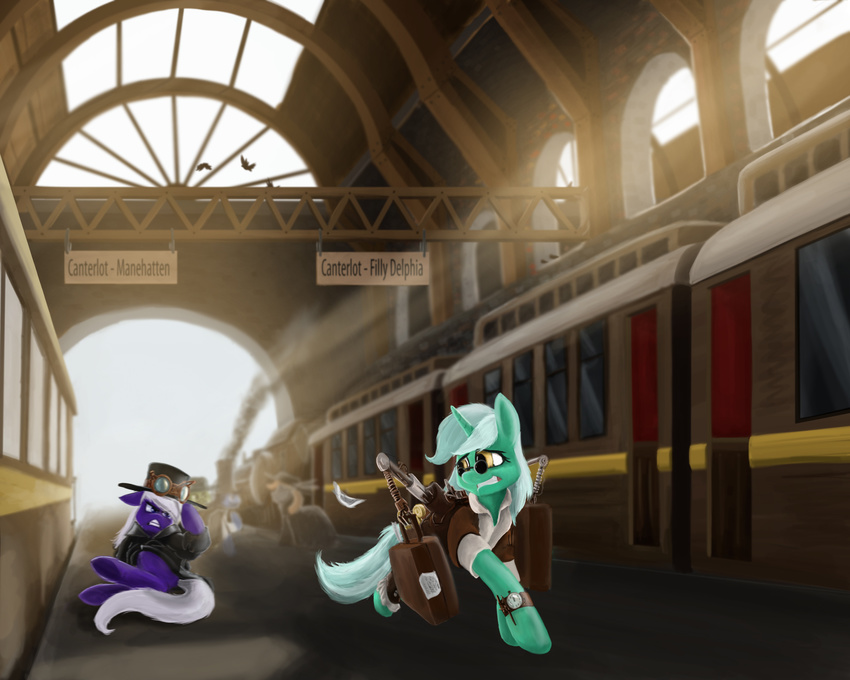 amber_eyes day detailed_background duo equine feral friendship_is_magic fur green_fur hooves horn lyra_heartstrings_(mlp) mammal my_little_pony purple_fur rublegun smile train unicorn white_fur