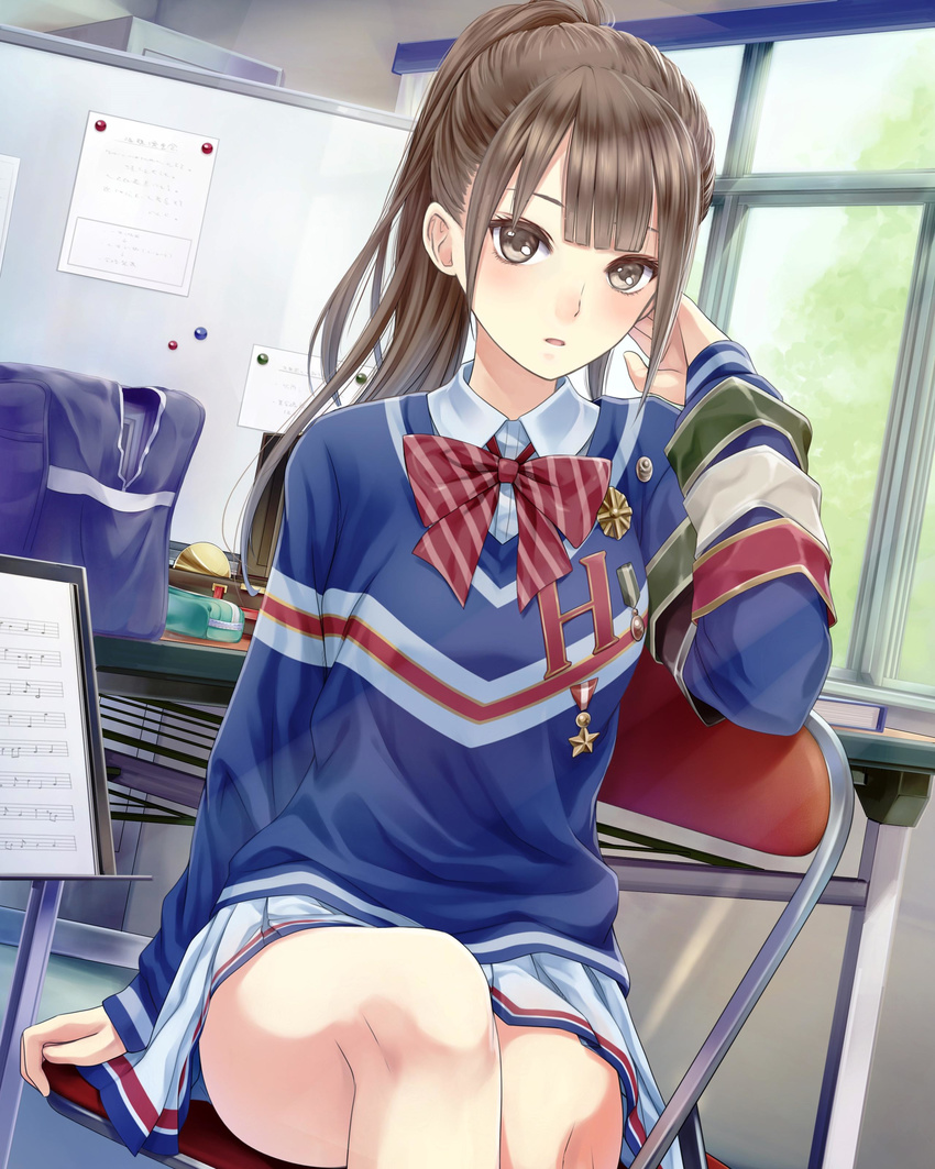 :o absurdres badge bag brown_eyes brown_hair chair classroom clubroom folding_chair high_ponytail highres indoors kishida_mel kosuge_ogaya_hikari legs long_hair long_sleeves medal music_stand official_art open_bag pencil_case pleated_skirt school_bag school_fanfare sheet_music sitting sitting_sideways skirt solo window