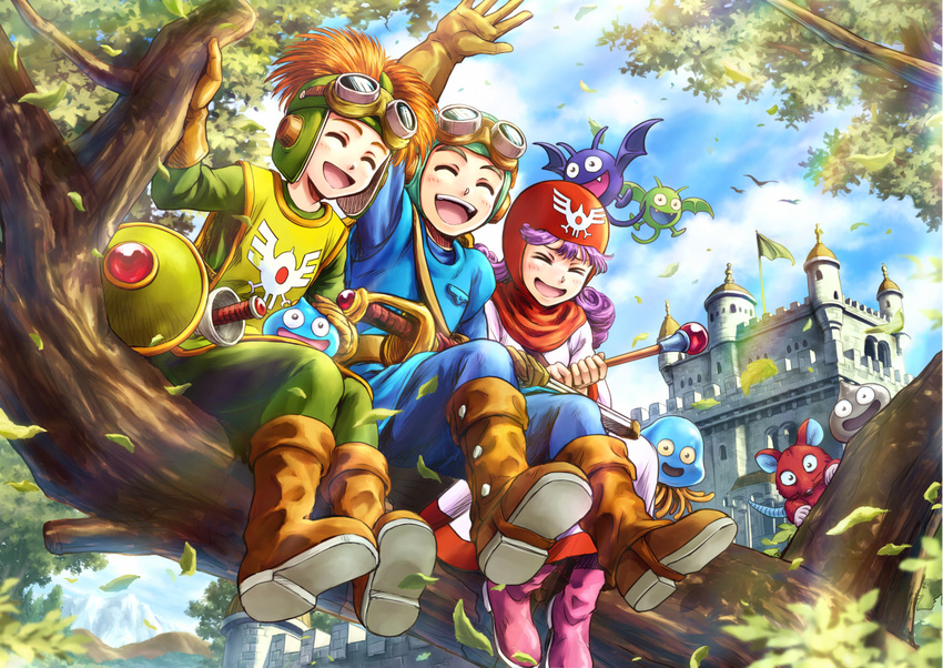 2boys :d ^_^ arm_up bangs bat belt bird blush boots brown_footwear brown_gloves buttons castle closed_eyes cloud curly_hair day dragon_quest dragon_quest_ii drakee dress emblem fangs flag floating gem gloves goggles goggles_on_head hand_up happy hoimi_slime holding holding_staff holding_sword holding_weapon hood in_tree knee_boots laughing leaf leaning_forward long_hair long_sleeves metal_slime monster mountain multiple_boys nakajima_majikana obake_nezumi open_mouth orange_hair outdoors pink_footwear prince_of_lorasia prince_of_samantoria princess_of_moonbrook purple_hair raised_eyebrows rapier rat ruby_(stone) shield short_hair side-by-side sitting sitting_in_tree sitting_on_lap sitting_on_person sky slime_(dragon_quest) smile spiked_hair staff strap sword tabard taho_drakee tentacles tree weapon white_dress