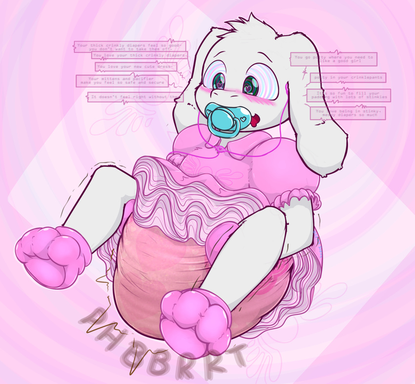 asriel_dreemurr blush caprine clothed clothing crossdressing diaper dress goat hypnosis ludis-luteo male mammal messy_diaper mind_control pacifier solo undertale video_games