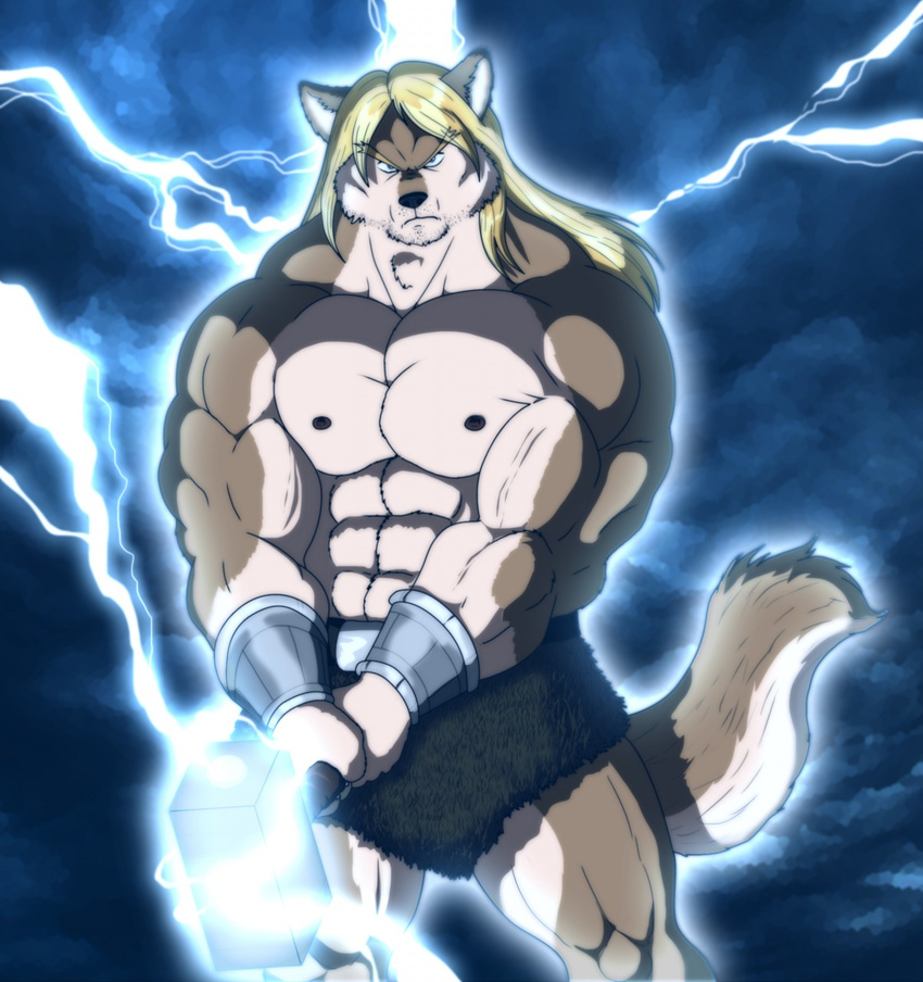 2017 abs anthro armor biceps big_muscles blonde_hair canine clothing deity gauntlets gloves hair hammer invalid_tag lighting loincloth looking_at_viewer male mammal muscular muscular_male pecs thor tools wolf xxsparcoxx