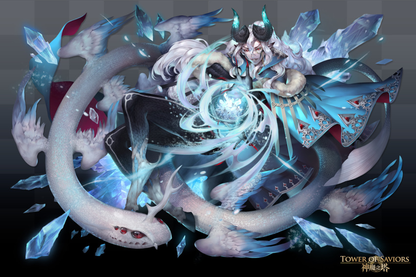 all_male animal cape fang glasses gray horns logo long_hair madarame_(kagetsu) magic male pointed_ears red_eyes snake tattoo tower_of_saviors white_hair wings