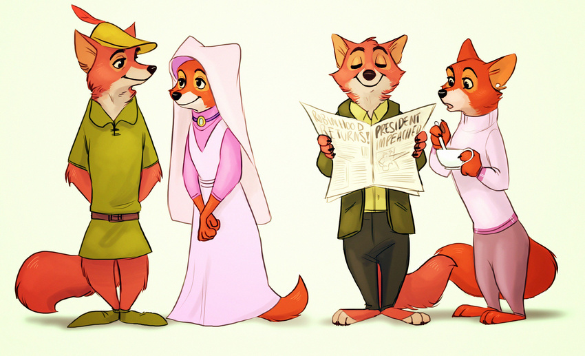 3_toes 4_fingers anthro barefoot black_nose canine claws clothed clothing comparison disney ear_piercing female fox fur hat jacket maid_marian male mammal modern newspaper pants pawpads piercing ritwell robin_hood robin_hood_(disney) shirt simple_background spoon sweater teacup toes