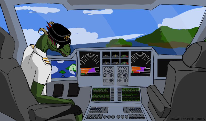 aircraft airplane argonian blue_eyes breasts clothing cockpit copypasta feathers female horn looking_at_viewer mercrantos nipples scalie screen the_elder_scrolls uniform video_games
