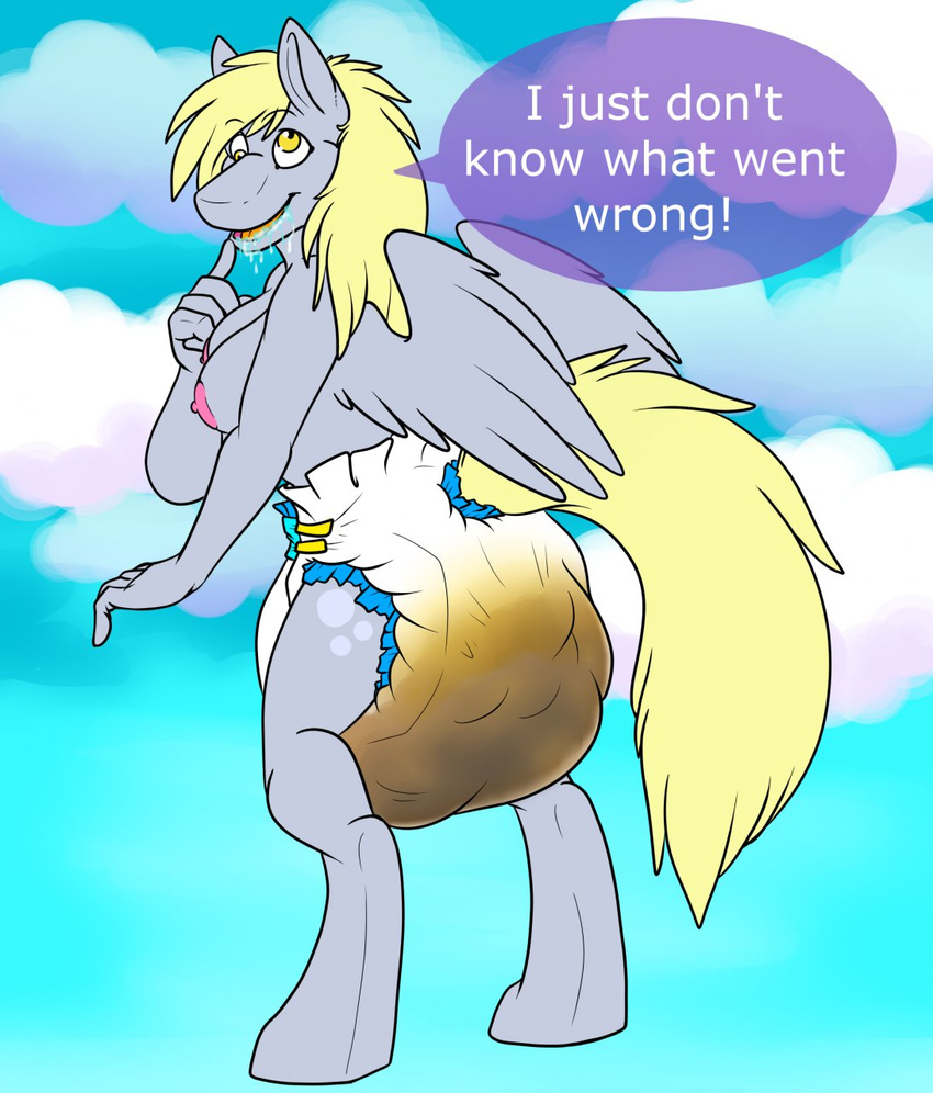 anthro blonde_hair breasts carnival-tricks derpy_hooves_(mlp) diaper drooling equine feathered_wings feathers feces female floating friendship_is_magic hair looking_at_viewer mammal messy_diaper my_little_pony nipples pegasus saliva scat solo wings yellow_eyes
