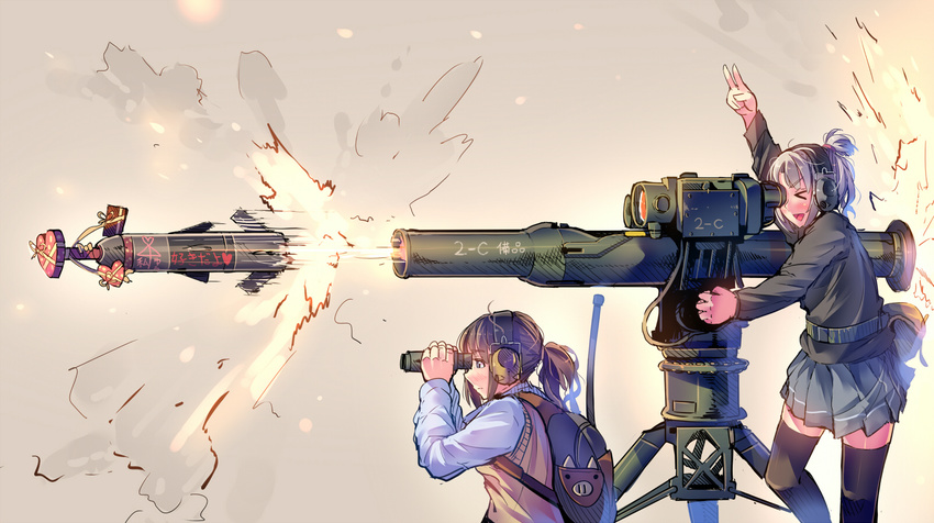 &gt;_&lt; :d ai_ai_gasa anti-tank_missile backpack bag binoculars black_legwear blush closed_eyes daito highres multiple_girls open_mouth original rocket rocket_launcher school_uniform smile tales_of_(series) tales_of_the_world_radiant_mythology thighhighs tow_atgm v valentine weapon xd zettai_ryouiki