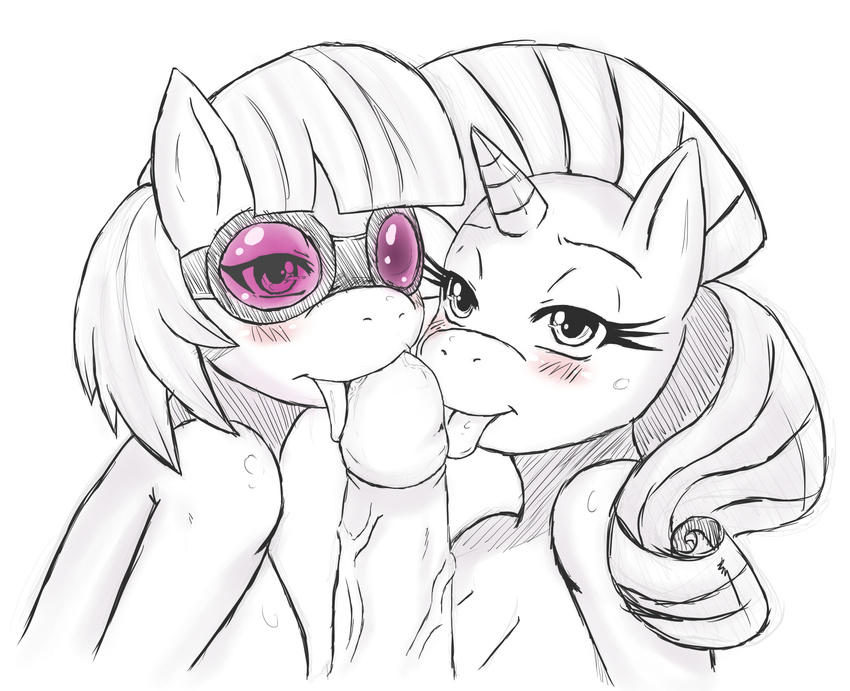 2011 anthro anthrofied blush breasts collaborative_fellatio digital_drawing_(artwork) digital_media_(artwork) drooling earth_pony equine erection fellatio female friendship_is_magic group group_sex horn horse licking male male/female mammal my_little_pony oral penis penis_lick photo_finish_(mlp) pony purple_glasses rarity_(mlp) saliva sex simple_background sssonic2 threesome tongue tongue_out unicorn white_background