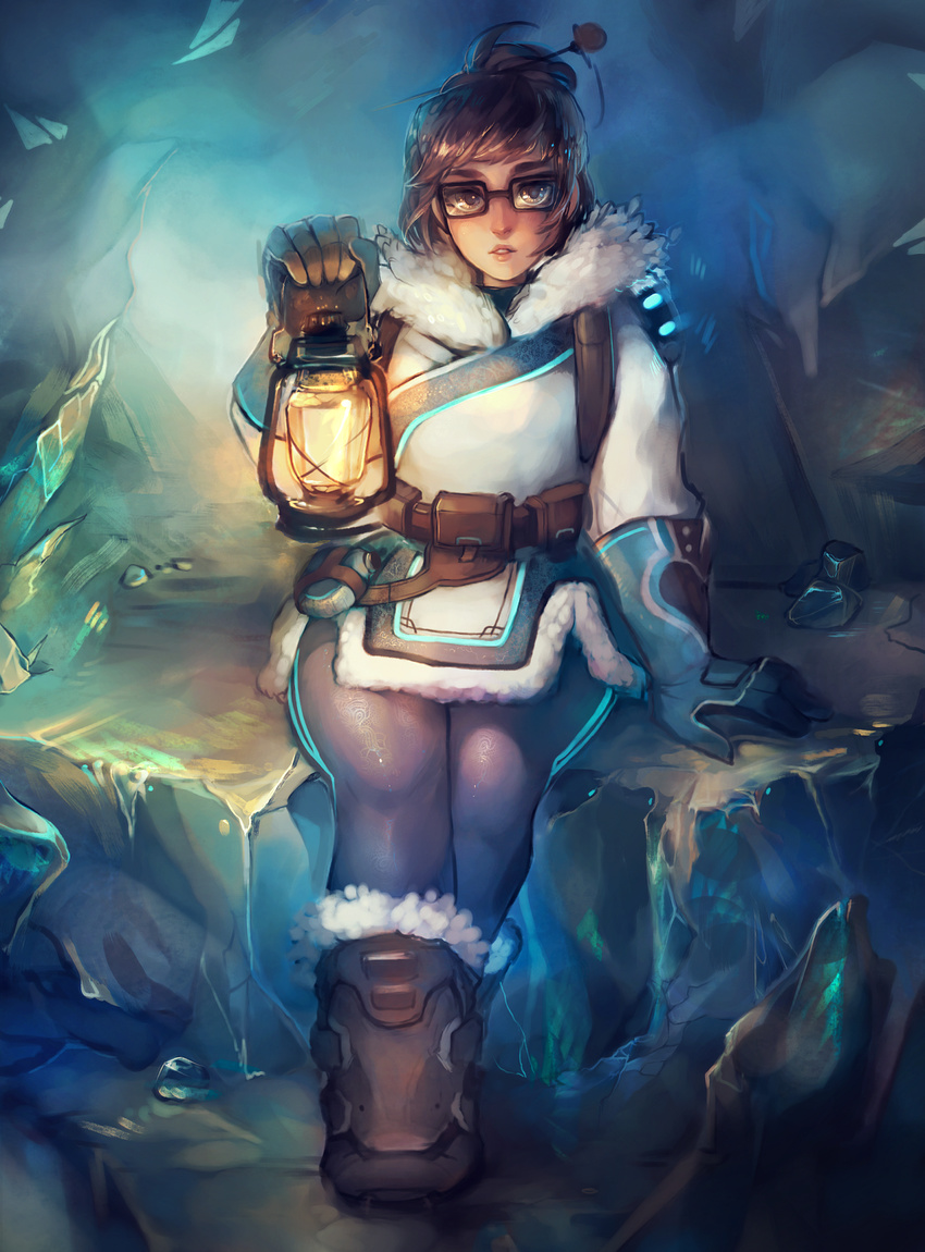 1girl arm_up bangs belt black-framed_eyewear blue_background blue_gloves boots brown_boots brown_hair coat full_body fur-trimmed_coat fur-trimmed_parka fur_trim gloves hair_ornament hairpin highres holding holding_lantern ice lantern looking_at_viewer matilda_vin mei_(overwatch) melting overwatch parka parted_lips rectangular_glasses short_hair sitting solo winter_clothes