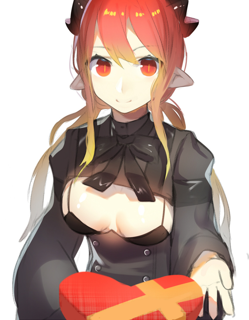 allos bad_id bad_pixiv_id bikini_top black_bikini_top blonde_hair box breasts center_opening cleavage closed_mouth gradient_hair hair_between_eyes heart-shaped_box highres holding holding_box incoming_gift large_breasts long_hair looking_at_viewer multicolored_hair original pointy_ears red_eyes red_hair simple_background smile solo twintails two-tone_hair upper_body valentine white_background