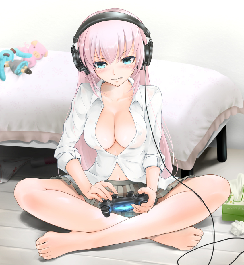 aqua_eyes bad_id bad_pixiv_id barefoot bed biting blush breasts character_doll cleavage commentary_request comugico controller covered_nipples dildo dress_shirt dualshock full_body game_console game_controller gamepad hatsune_miku headphones highres indian_style ishikei_(style) lip_biting long_hair medium_breasts megurine_luka navel panties pink_hair playing_games playstation shirt sitting skirt solo stuffed_animal stuffed_pig stuffed_toy tissue_box underwear vibrator vocaloid