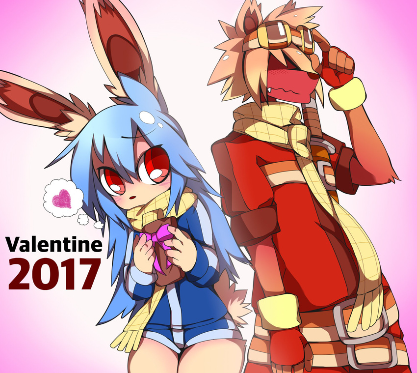 1boy 1girl artist_request blonde_hair blue_hair blush dog embarrasing furry long_hair rabbit red_eyes valentine