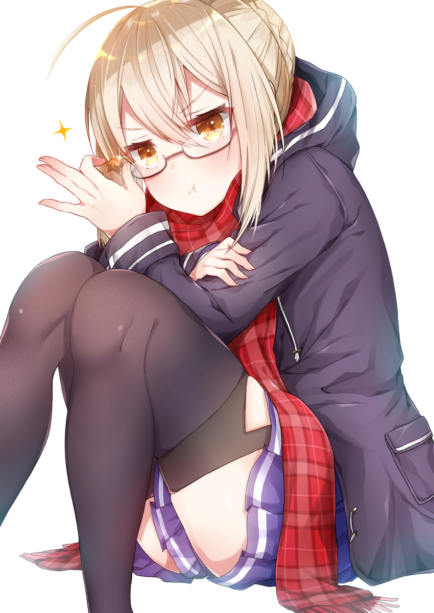 :t ahoge akirannu artoria_pendragon_(all) bangs black-framed_eyewear black_legwear blue_skirt blush braid closed_mouth commentary_request duffel_coat eyebrows_visible_through_hair fate/grand_order fate_(series) french_braid glasses hair_between_eyes highres holding jitome knees_together_feet_apart looking_at_viewer mysterious_heroine_x_(alter) plaid plaid_scarf pleated_skirt red_scarf scarf semi-rimless_eyewear sidelocks simple_background sitting skirt solo sparkle thighhighs thighs under-rim_eyewear v-shaped_eyebrows white_background