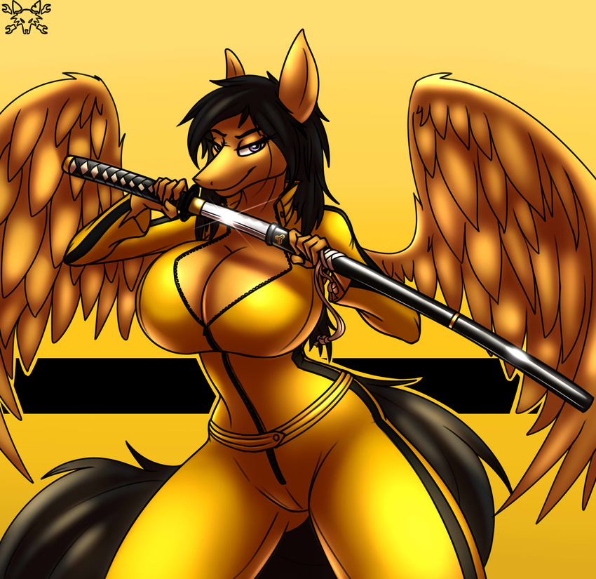 2017 anthro big_breasts black_hair breasts cleavage clothed clothing equine fan_character female hair katana kill_bill mammal melee_weapon metalfoxxx my_little_pony pegasus solo sparkle sword weapon wings