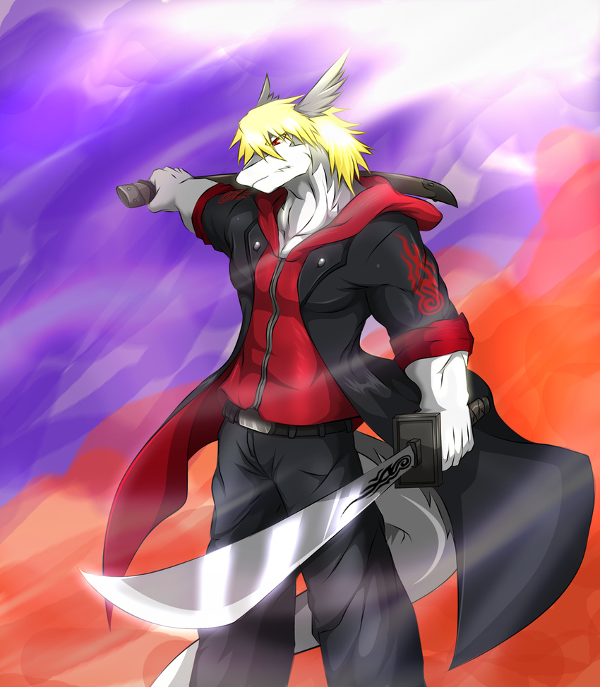 2011 blonde_hair clothing dragon hair melee_weapon red_eyes scalie simple_background sword wargreymon43 weapon