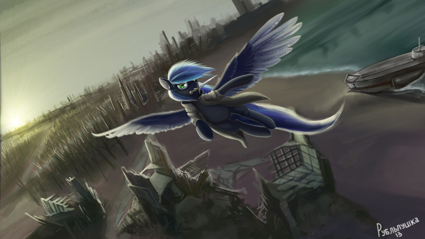 2013 blue_feathers blue_fur blue_hair clothed clothing day detailed_background equine fan_character feathered_wings feathers flying fur green_eyes hair mammal my_little_pony outside pegasus rublegun sky wings