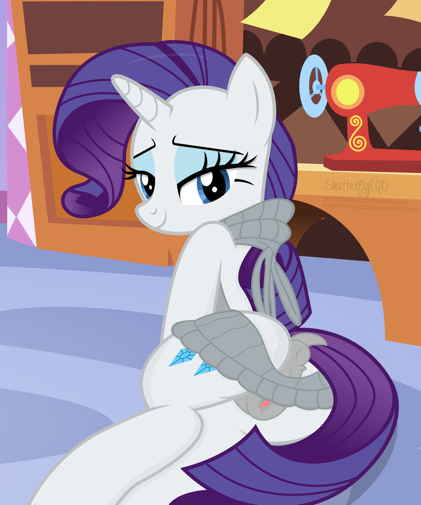 2017 animal_genitalia animal_pussy anus bedroom_eyes blue_eyes clitoral_winking clitoris cutie_mark equine equine_pussy female feral friendship_is_magic furniture hair half-closed_eyes horn inside looking_at_viewer looking_back mammal my_little_pony purple_hair pussy rarity_(mlp) seductive shutterflyeqd smile solo unicorn unicorn_horn virgin_killer_sweater