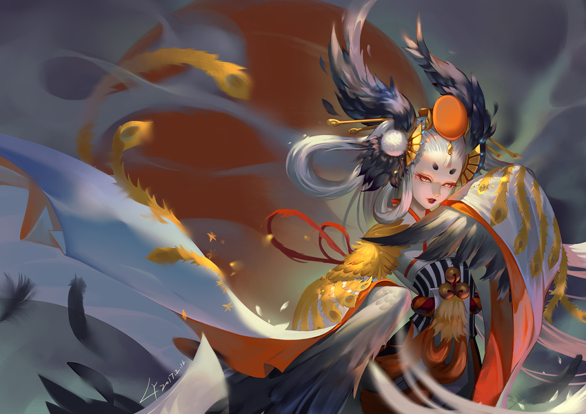 bell black_wings blurry closed_mouth dated depth_of_field eyelashes eyeliner fan feathered_wings feathers folding_fan hair_ornament hair_rings hair_stick half-closed_eyes head_wings highres jingle_bell lian_yao long_hair looking_at_viewer makeup motion_blur onmyoji red_lips red_sun sash short_eyebrows silver_hair slit_pupils solo striped tassel ubume_(onmyoji) upper_body vertical_stripes very_long_hair wide_sleeves winged_arms wings yellow_eyes