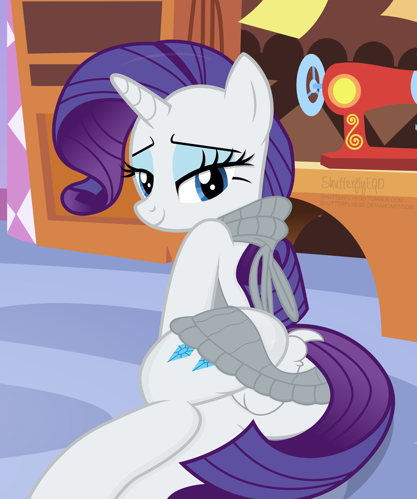 2017 bedroom_eyes blue_eyes cutie_mark equine female feral friendship_is_magic furniture hair half-closed_eyes horn inside looking_at_viewer looking_back mammal my_little_pony purple_hair rarity_(mlp) seductive shutterflyeqd smile solo unicorn unicorn_horn virgin_killer_sweater