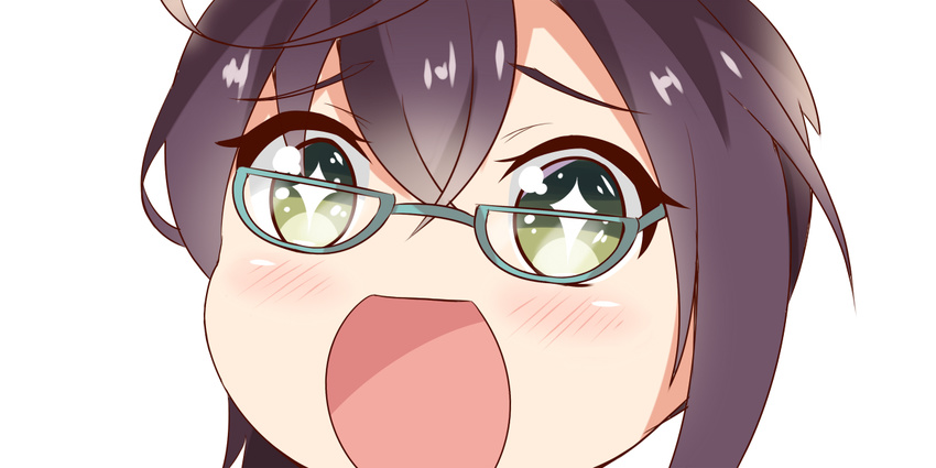 1girl black_hair close-up glasses green_eyes kantai_collection looking_at_viewer nahaki no_nose okinami_(kantai_collection) open_mouth short_hair simple_background solo sparkling_eyes symbol-shaped_pupils white_background