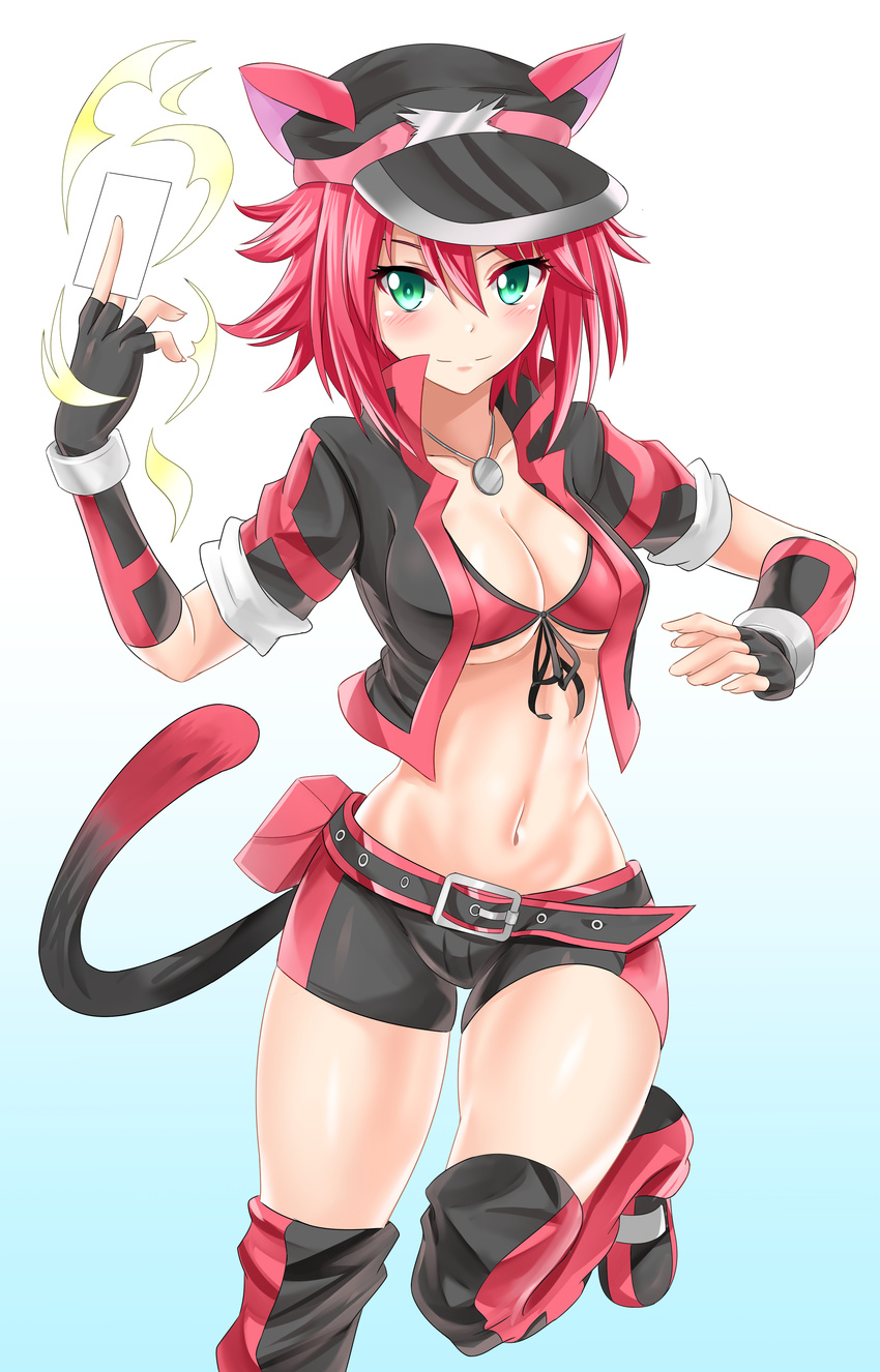absurdres animal_ears belt belt_pouch bike_shorts bikini_top blush breasts card cat_ears cat_tail cleavage closed_mouth collarbone commentary cropped_jacket fingerless_gloves flat_cap front-tie_top gloves green_eyes hair_between_eyes hat highres holding holding_card jacket jewelry kneehighs leg_up looking_at_viewer medium_breasts midriff navel necklace nez-kun open_clothes open_jacket original pouch red_hair short_shorts shorts smile solo stomach tail thighs yuu-gi-ou