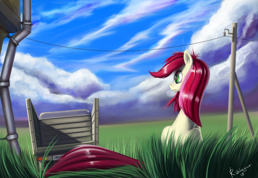 2013 day detailed_background earth_pony equine feral friendship_is_magic grass green_eyes hair horse mammal my_little_pony outside pony rose_(mlp) rublegun sitting smile solo