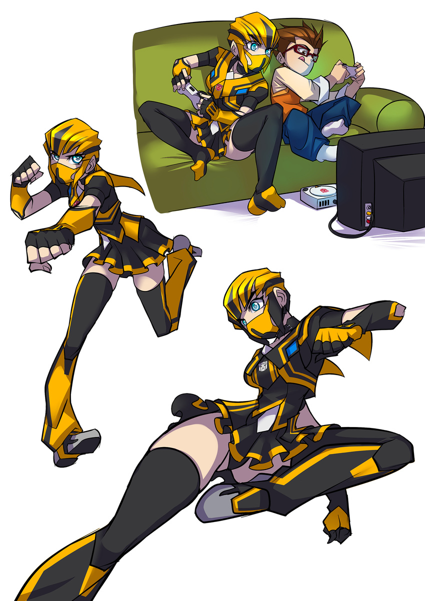 1girl :q black_legwear black_panties black_skirt blue_eyes breasts bumblebee choker clenched_hands collage controller couch face_mask flying_kick full_body game_console game_controller gamepad genderswap genderswap_(mtf) glasses highres kicking mask panties pantyshot personification playing_games pleated_skirt punching rafael_esquivel red-framed_eyewear ringed_eyes ryuusei_(mark_ii) skirt small_breasts thighhighs tongue tongue_out transformers transformers_prime underwear white_background zettai_ryouiki
