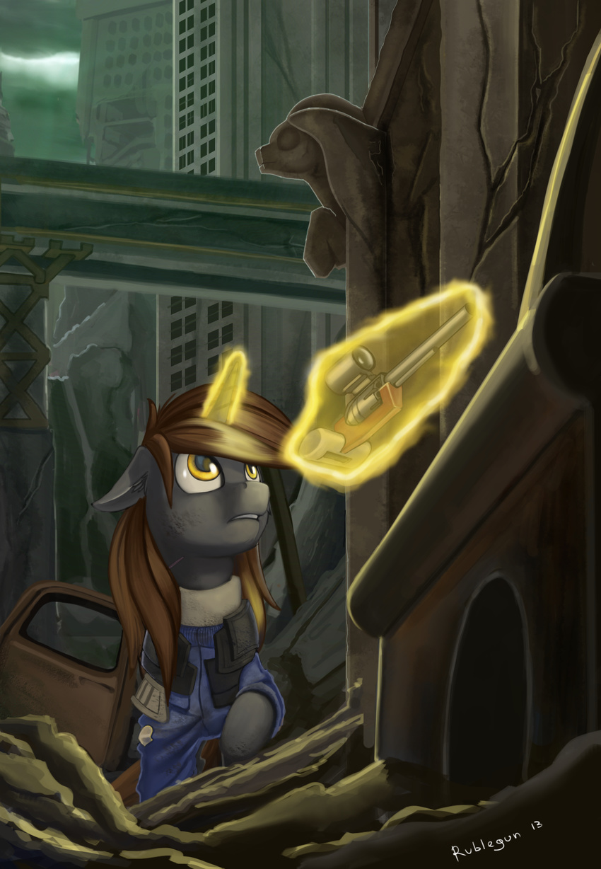 2013 brown_hair city day detailed_background equine fallout_equestria fan_character feral gun hair hooves horn magic mammal my_little_pony outside ranged_weapon rublegun sky solo unicorn weapon yellow_eyes