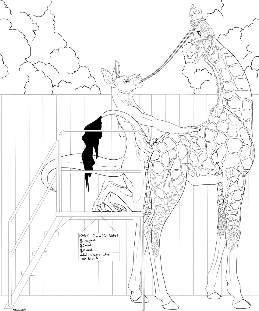anthro anthro_on_feral backlash91 bestiality black_and_white conditional_dnp english_text eyewear feral giraffe glasses kangaroo line_art long_neck looking_pleasured mammal marsupial monochrome nude penetration reins rufus_black side_view sign signature size_difference small_dom_big_sub standing text vaginal vaginal_penetration