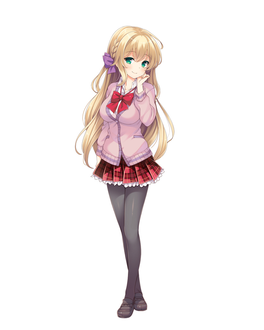 absurdres black_legwear blonde_hair braid cardigan full_body girlfriend_(kari) green_eyes hand_on_own_face highres loafers long_hair long_sleeves looking_at_viewer mochizuki_erena pantyhose plaid plaid_skirt pleated_skirt shoes simple_background skirt smile solo white_background