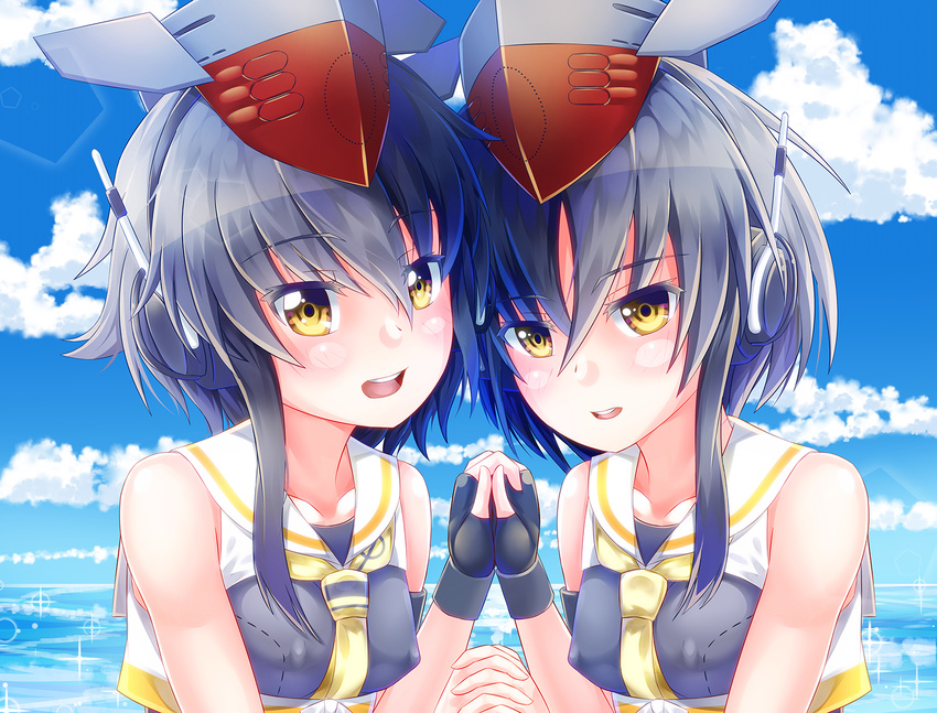 asymmetrical_hair bare_shoulders blue_hair breasts commentary_request covered_nipples crop_top day fingerless_gloves framed_breasts gloves hair_between_eyes headphones highres holding_hands i-13_(kantai_collection) i-14_(kantai_collection) kantai_collection looking_at_viewer medium_breasts multiple_girls open_mouth school_swimsuit shan_zhu_feiyue shirt short_hair sidelocks sleeveless sleeveless_shirt swimsuit tsurime yellow_eyes