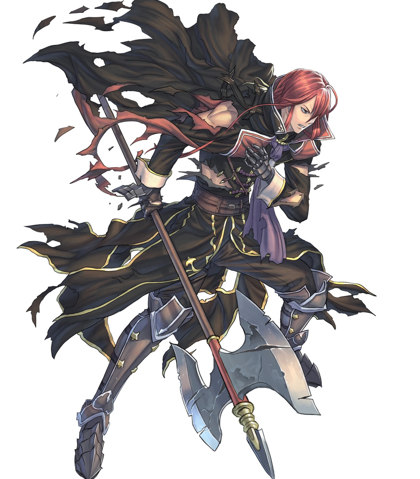 armor armored_boots axe boots brown_eyes cape earrings fire_emblem fire_emblem:_monshou_no_nazo fire_emblem_heroes full_body gloves highres izuka_daisuke jewelry long_hair male_focus misheil_(fire_emblem) official_art red_hair solo teeth torn_clothes transparent_background weapon