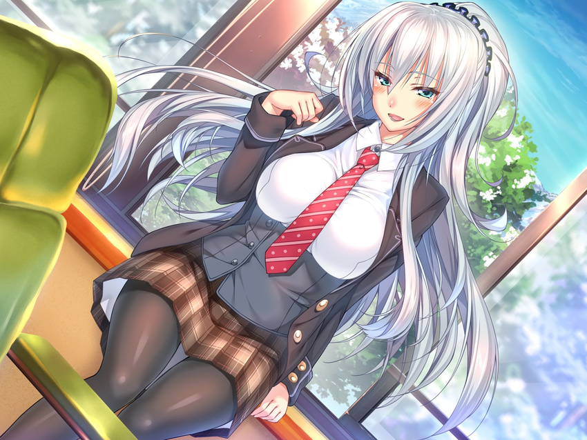 amakano_~second_season~ aqua_eyes blazer dutch_angle game_cg highres indoors jacket long_hair long_sleeves looking_at_viewer necktie open_blazer open_clothes open_jacket open_mouth pantyhose piromizu pleated_skirt sitting skirt solo suzurikawa_euphrasie_ruika underbust white_hair window